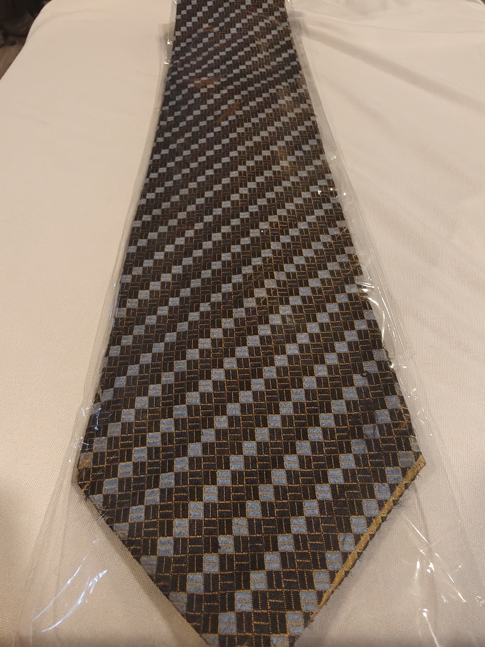 Men's Brown and Light Blue Geometric Pattern Tie
